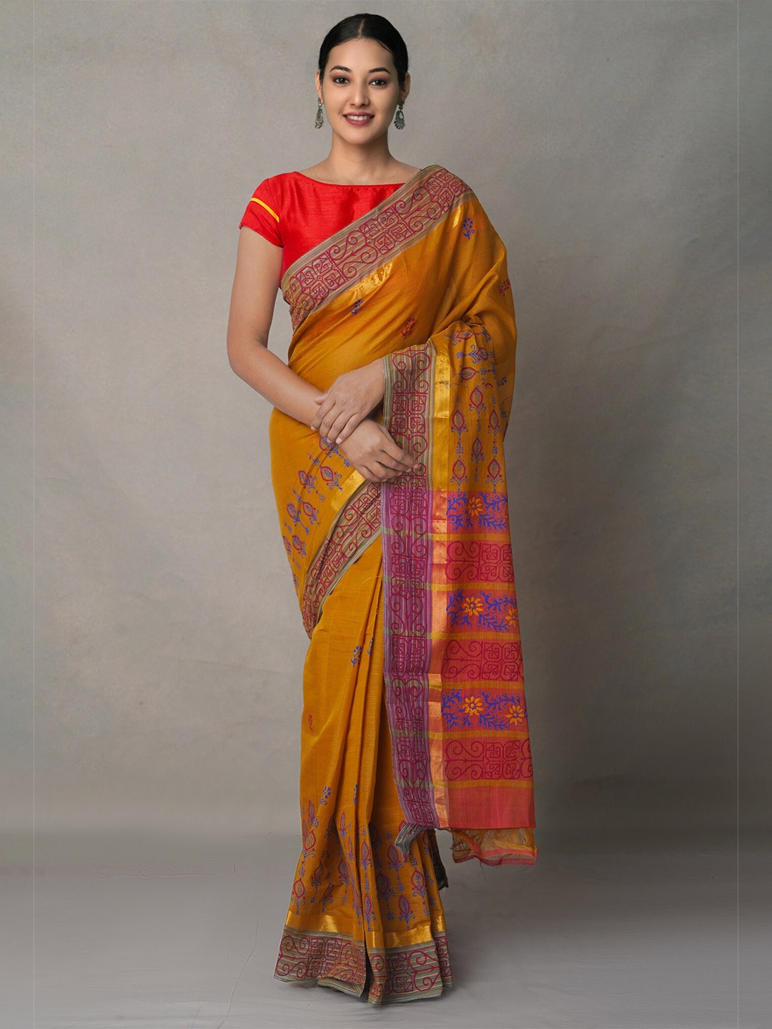 

Unnati Silks Women Yellow & Purple Ethnic Motifs Zari Pure Cotton Mangalagiri Saree