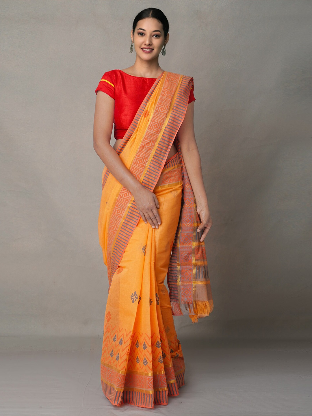 

Unnati Silks Orange & Red Ethnic Motifs Pure Cotton Mangalagiri Saree