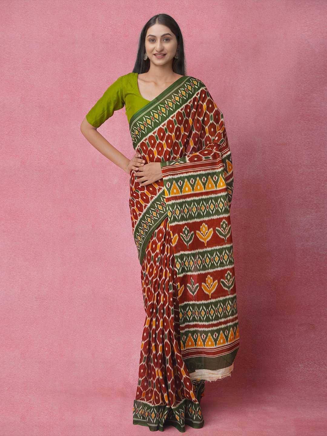 

Unnati Silks Maroon & Orange Ethnic Motifs Pure Cotton Block Print Saree