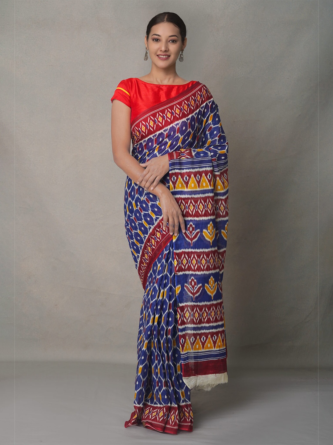 

Unnati Silks Blue & Orange Ethnic Motifs Pure Cotton Block Print Saree