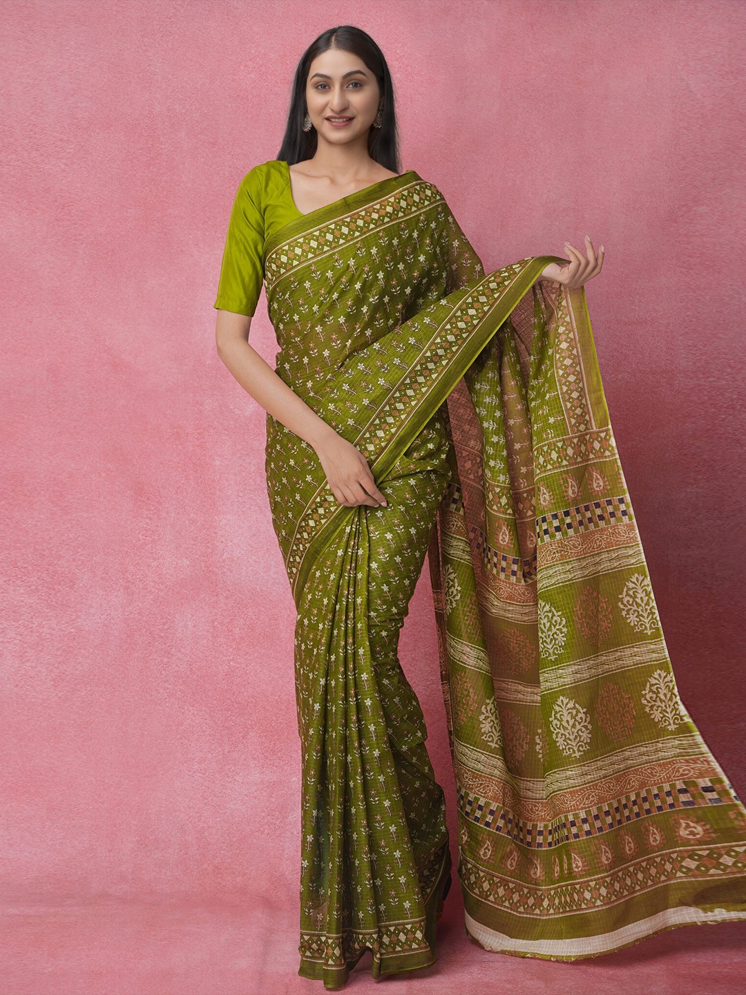 

Unnati Silks Green & Beige Ethnic Motifs Pure Cotton Block Print Saree