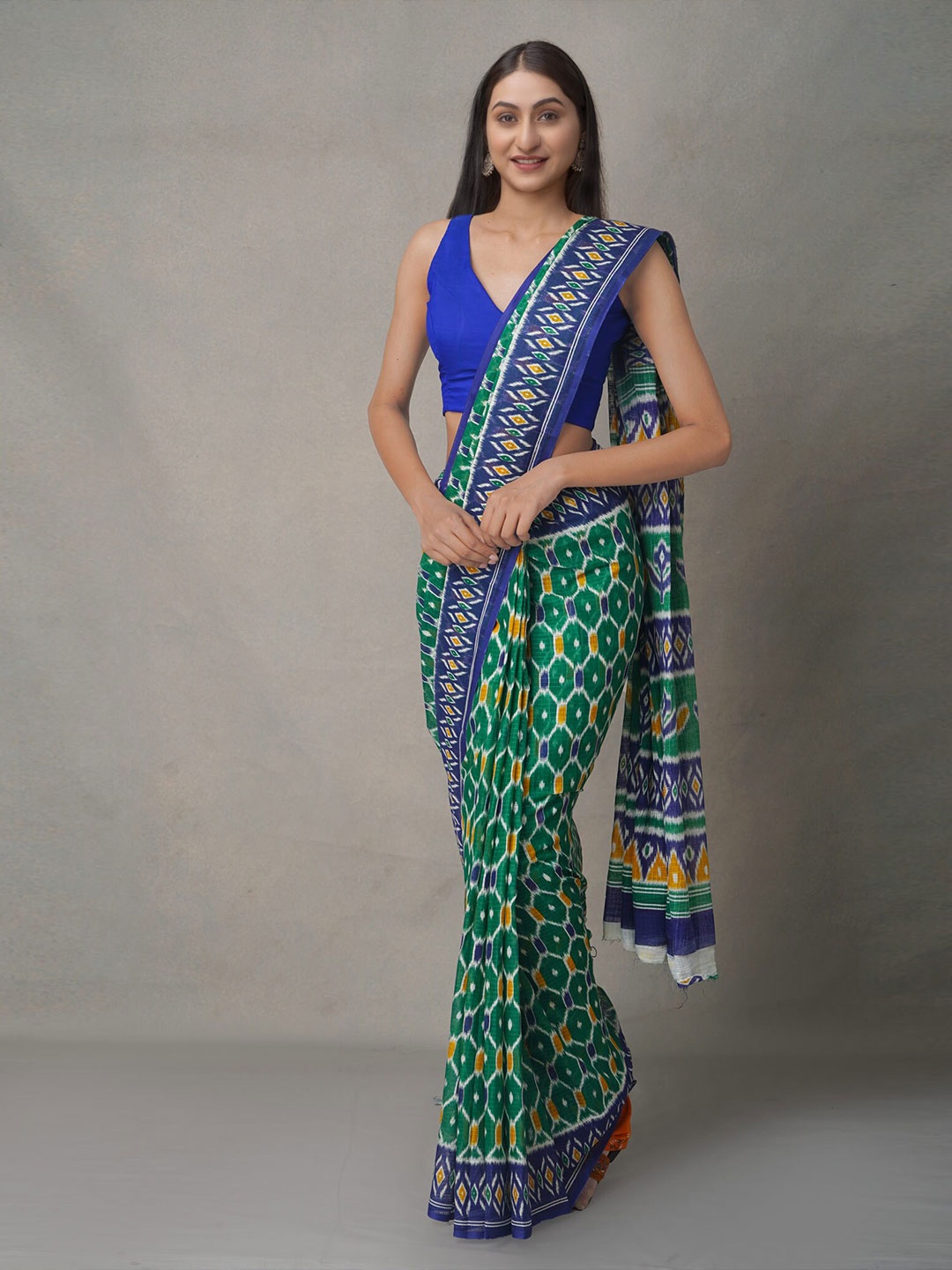 

Unnati Silks Green & Orange Ethnic Motifs Pure Cotton Block Print Saree