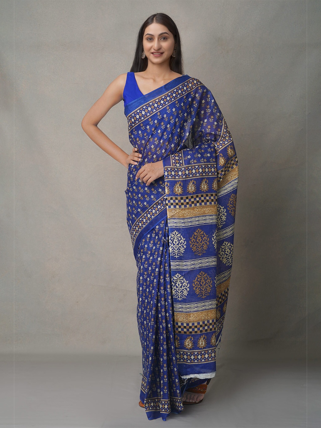 

Unnati Silks Blue & Brown Ethnic Motifs Pure Cotton Block Print Saree