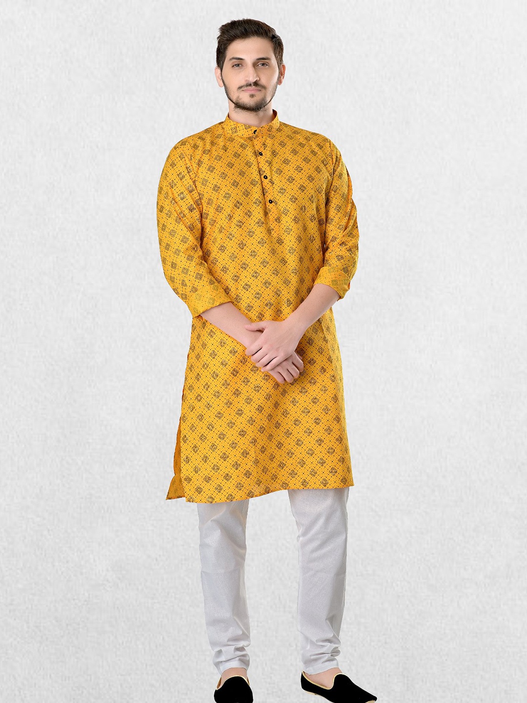 

SHIWAM ETHNIX Men Yellow Geometric Printed Regular Straight Cotton Kurta