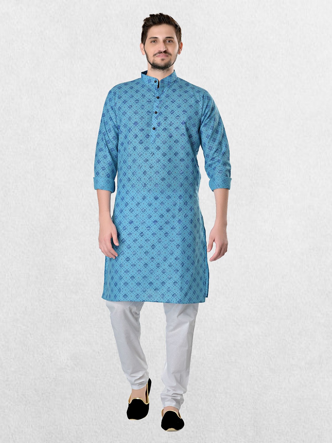 

SHIWAM ETHNIX Men Blue Geometric Printed Regular Straight Cotton Kurta