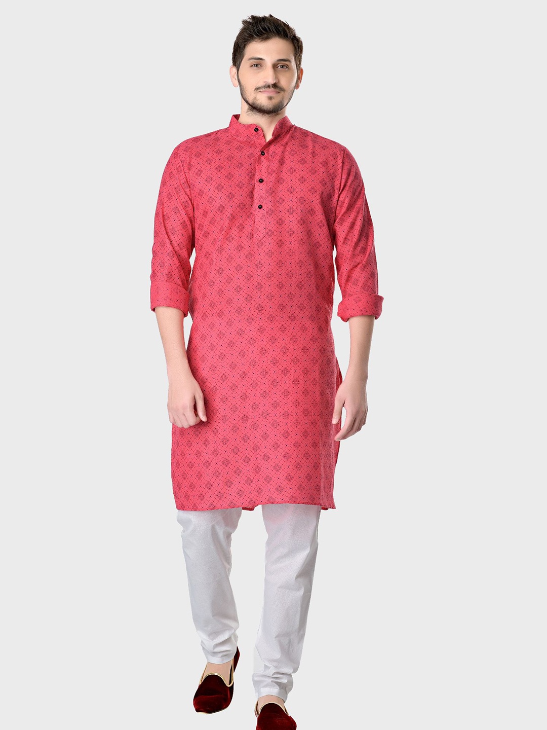 

SHIWAM ETHNIX Men Pink Geometric Printed Regular Straight Cotton Kurta