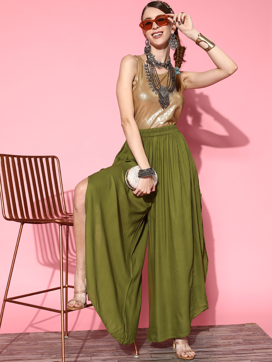 

InWeave Women Olive Green Solid Side Slit Flared Palazzos