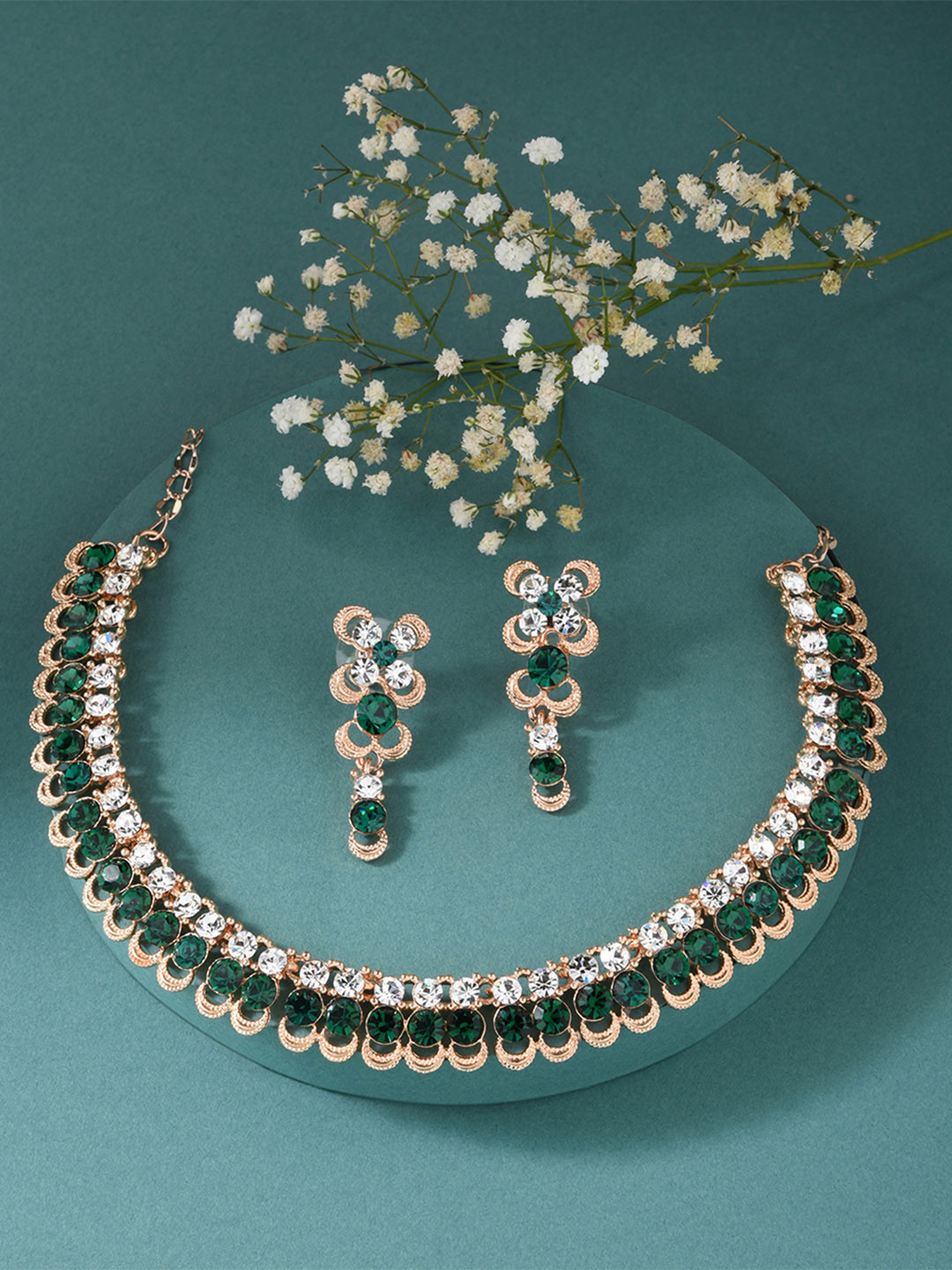 Fida Gold-Plated White & Green AD-Studded Jewellery Set