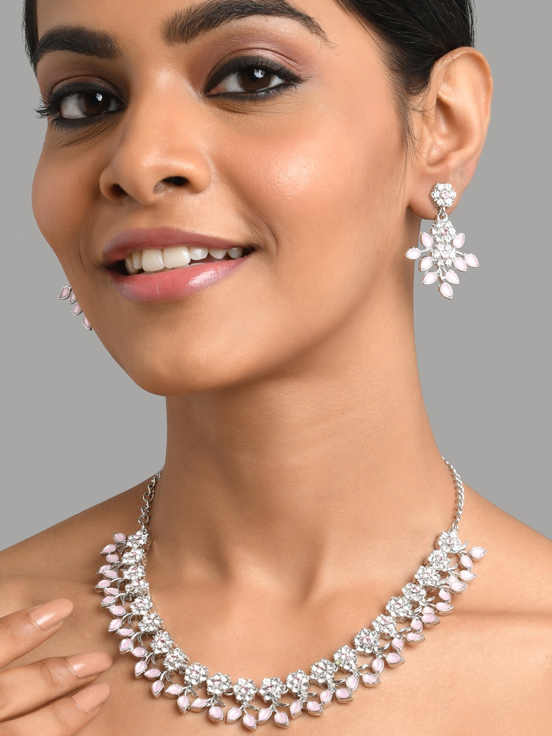 

Fida Silver-Toned, Rhodium-Plating & Pink AD Stone Studded Jewellery Set
