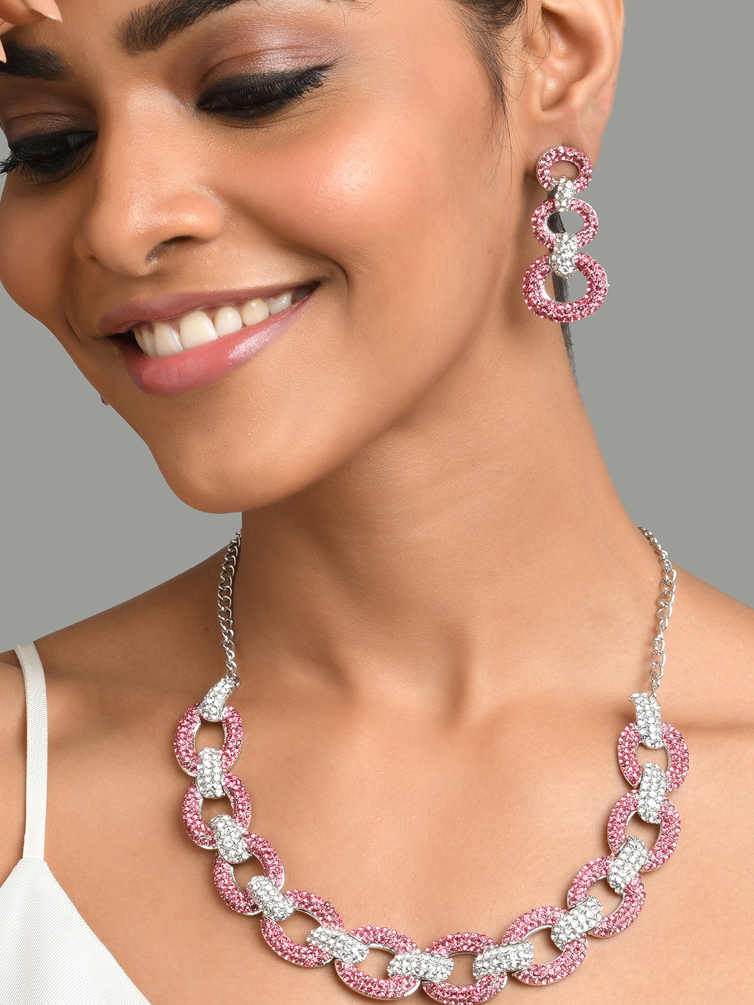 

Fida Silver-Toned, Rhodium-Plated & Pink AD Studded Jewellery Set