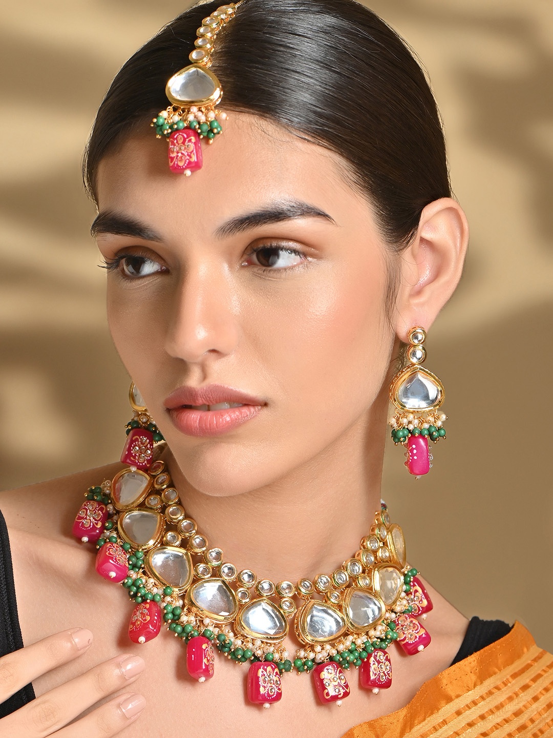 

Fida Gold-Plated White & Green Kundan-Studded & Pearl Beaded Jewellery Set