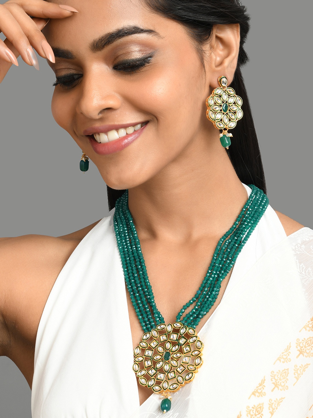 

Fida Gold-Plated White & Green Stone-Studded & Pearl Beaded Jewellery Set