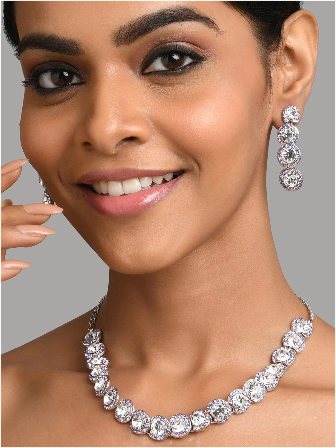 

Fida Silver-Plated Pink & Blue American Diamond Studded Jewellery Set
