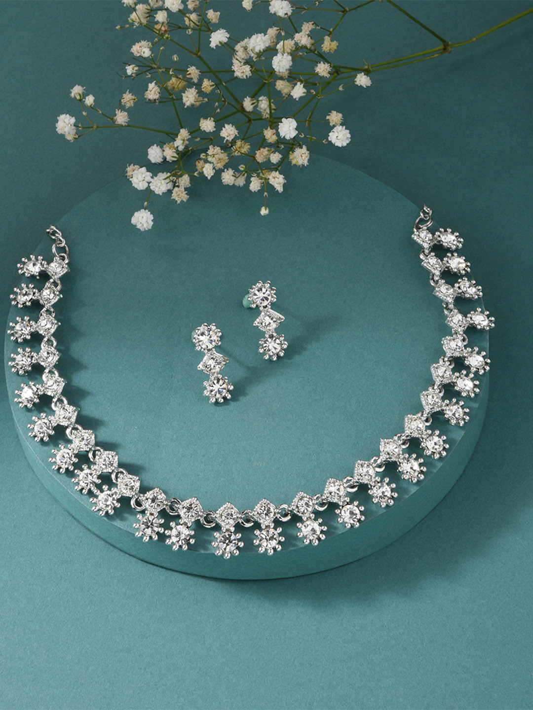 Fida Silver-Toned Rhodium-Plated American Diamond Jewellery Set