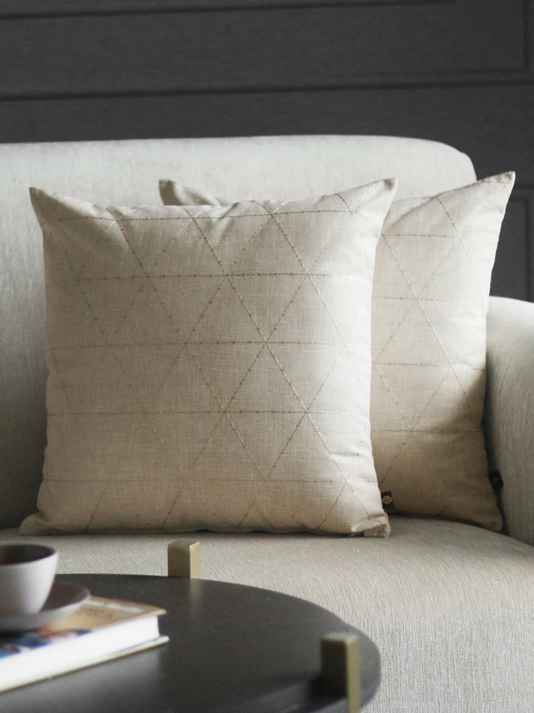 

GM Beige & Gold-Toned Set of 2 Embellished Square Cushion Covers