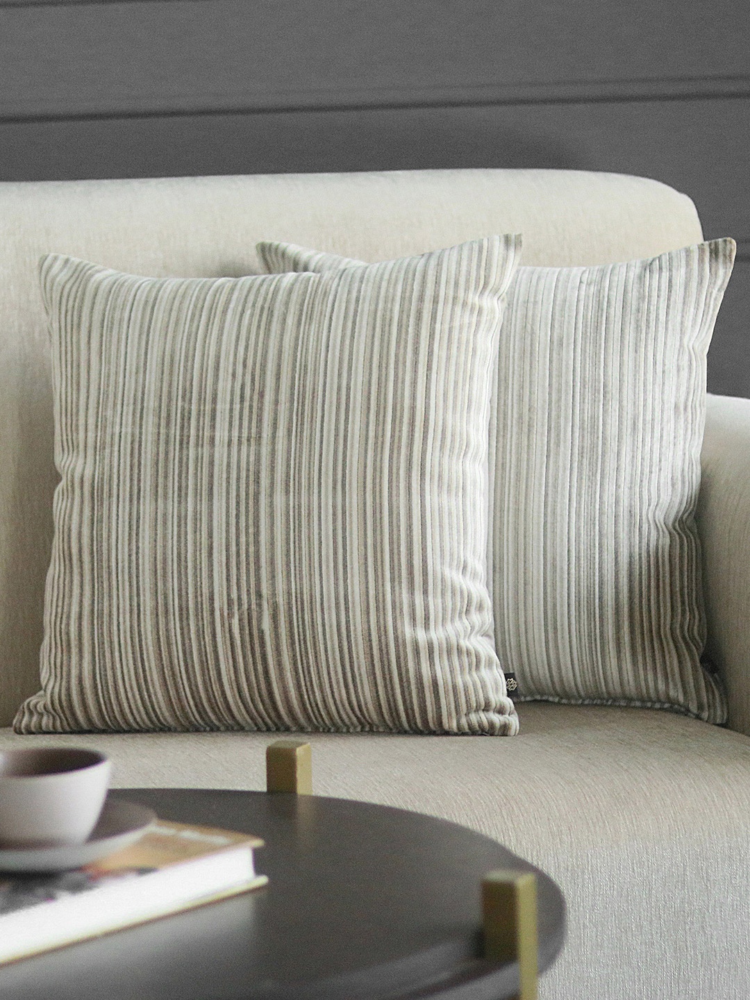 

GM Beige & Green Set of 2 Striped Velvet Square Cushion Covers