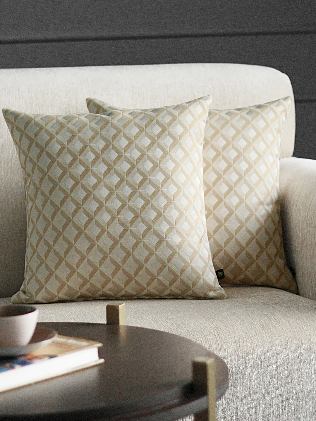 

GM Beige & Gold-Toned Set of 2 Geometric Square Cushion Covers