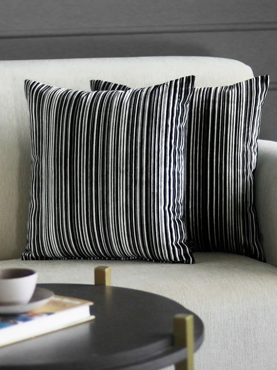 

GM Black & White Set of 2 Striped Velvet Square Cushion Covers