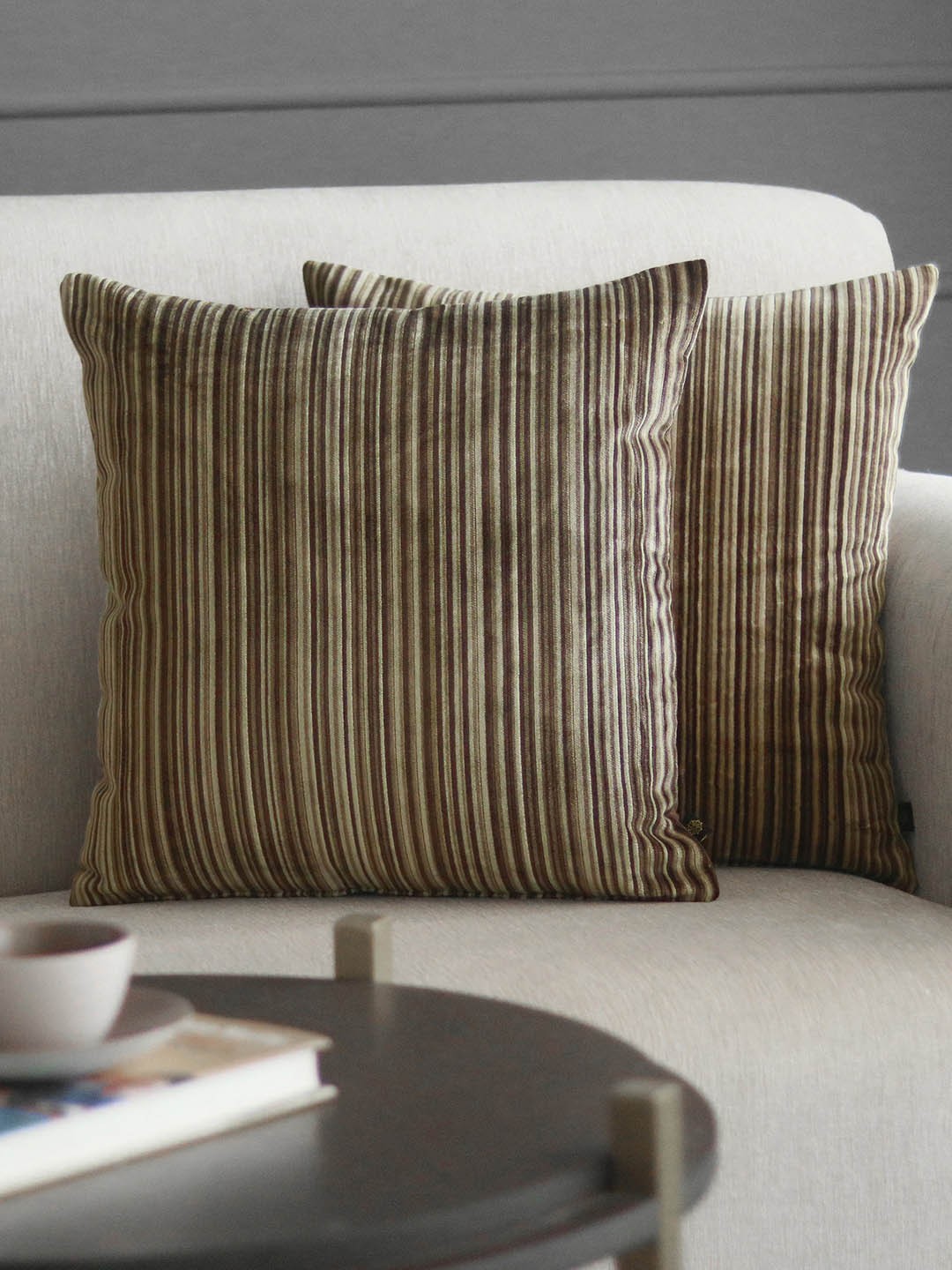

GM Brown & White Set of 2 Striped Velvet Square Cushion Covers