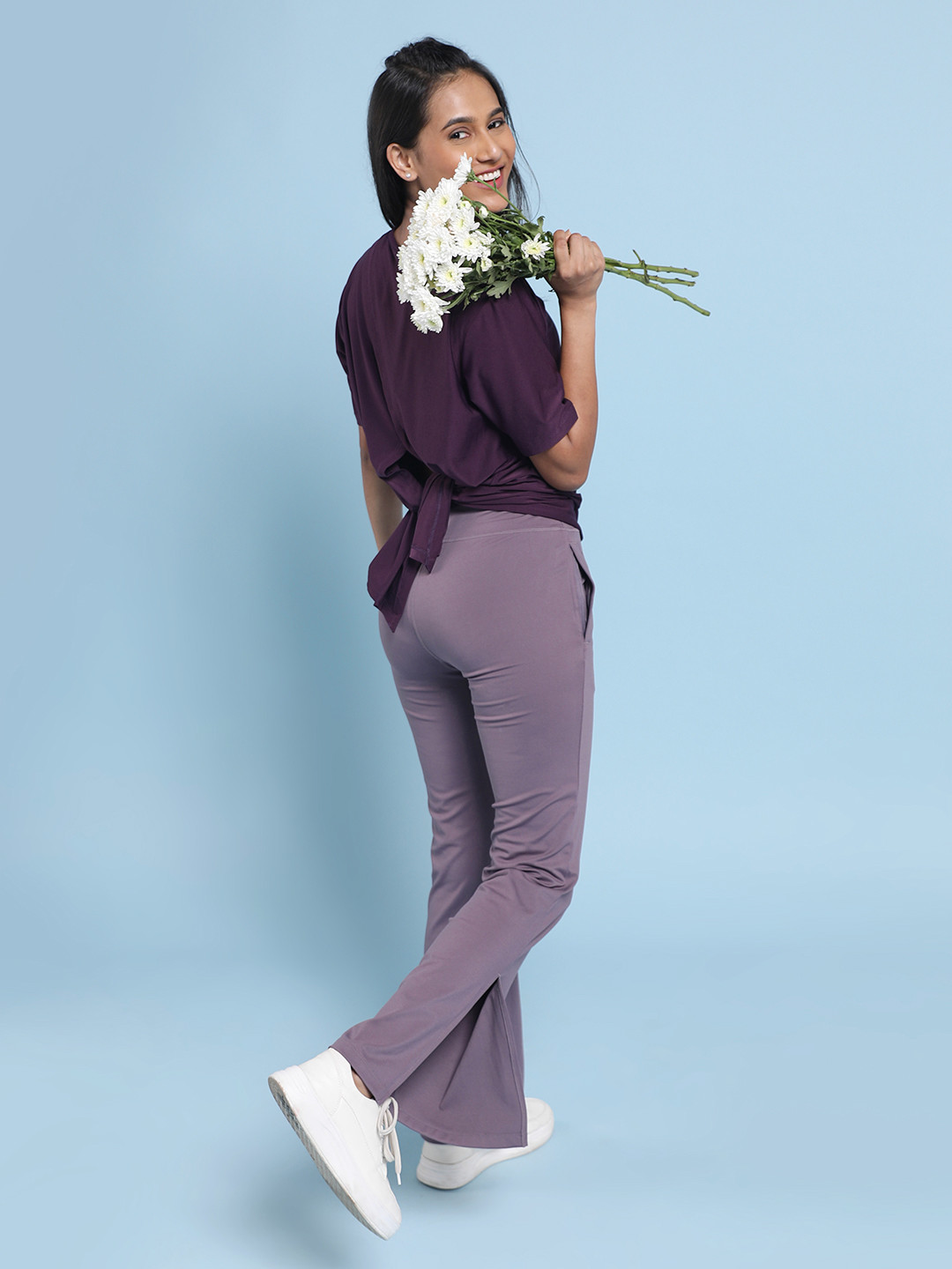 

Blissclub Women Grape Relaxed Fit Two Way Top with Self Styling Knot and Short Sleeves, Purple