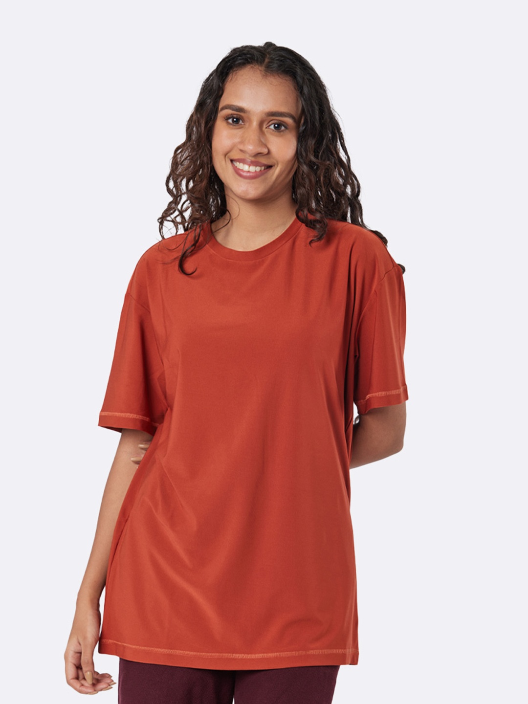 Blissclub Women Rust Red Oversized Breezy Boyfriend T-Shirt