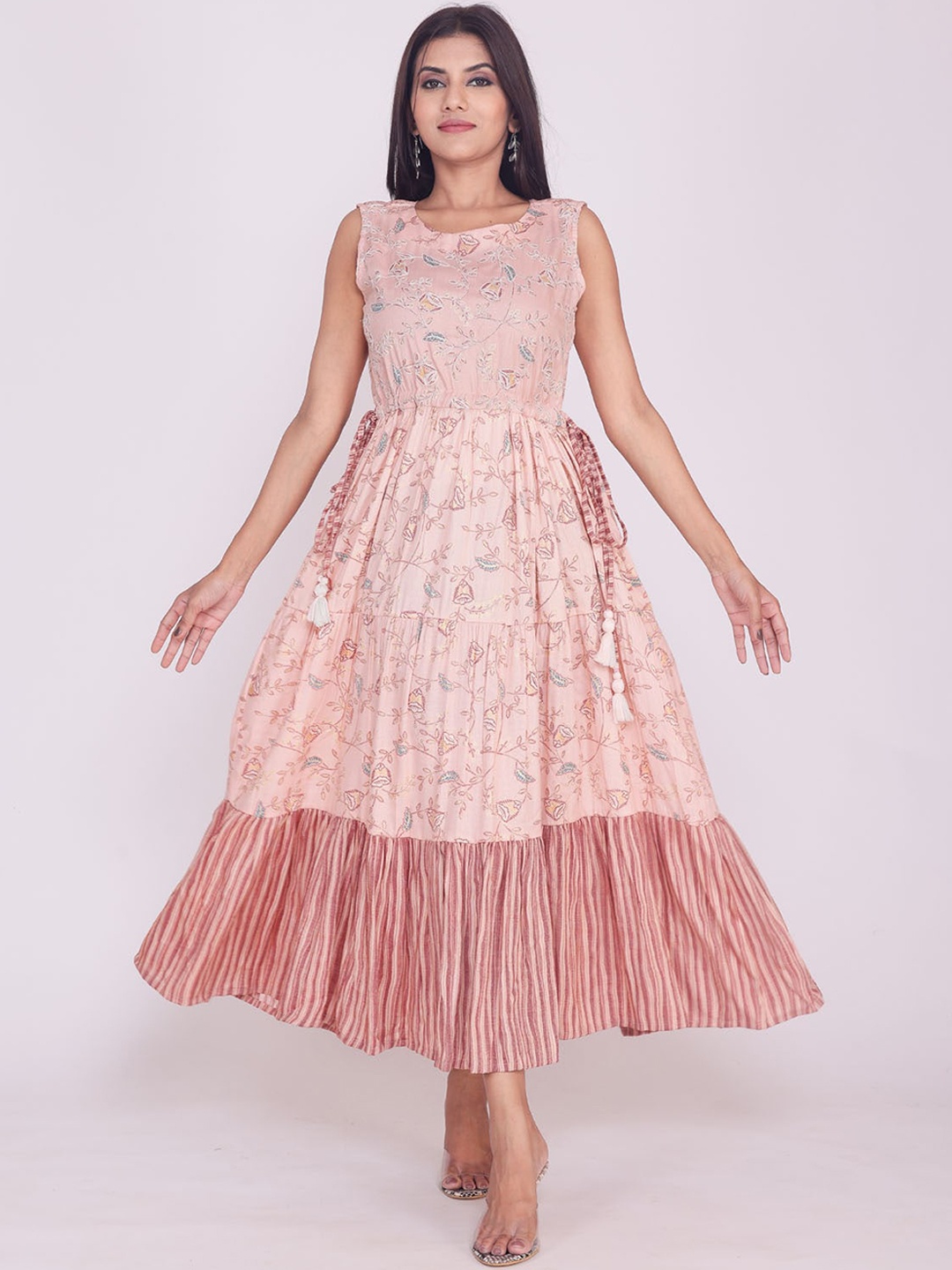 

FASHION DWAR Floral Embroidered Ethnic Midi Fit & Flare Dress, Peach