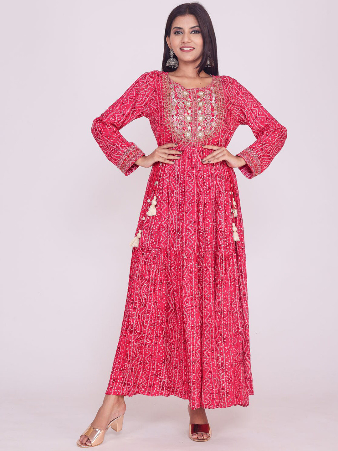 

FASHION DWAR Red Floral Embroidered Ethnic Maxi Dress