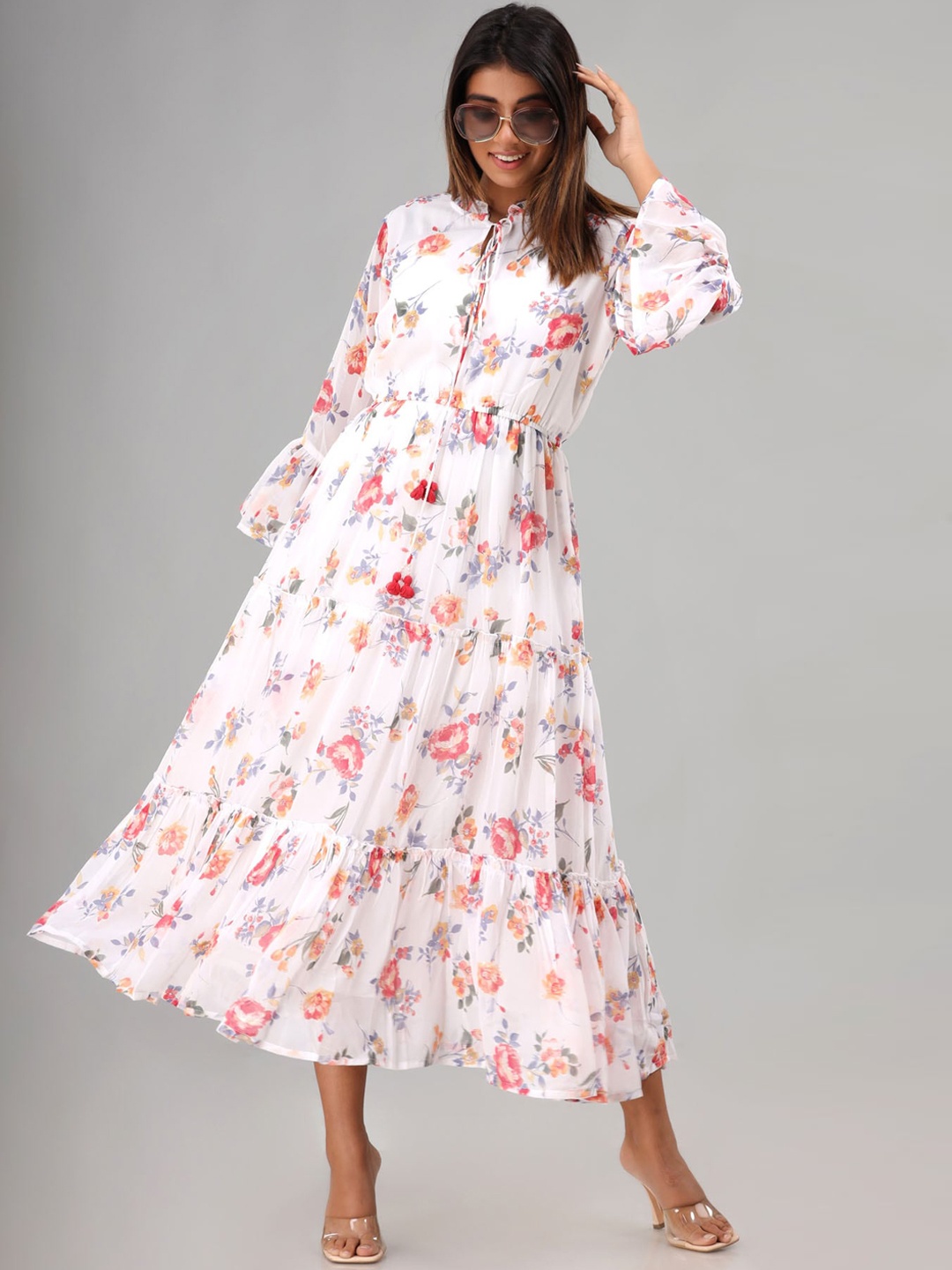 

FASHION DWAR Women White & Pink Floral Print Tie-Up Neck Georgette Midi Dress