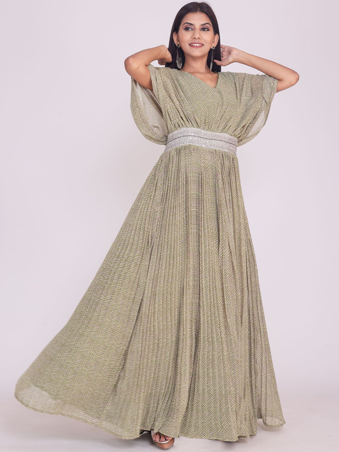 

FASHION DWAR Women Green Printed Made To Measure Gown