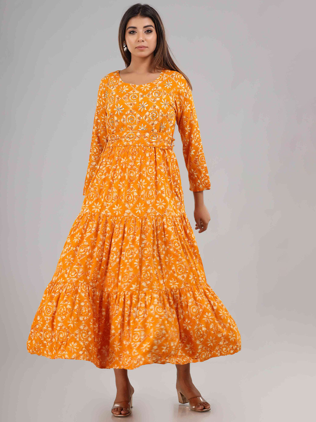 

FASHION DWAR Orange & White Floral Maxi Dress