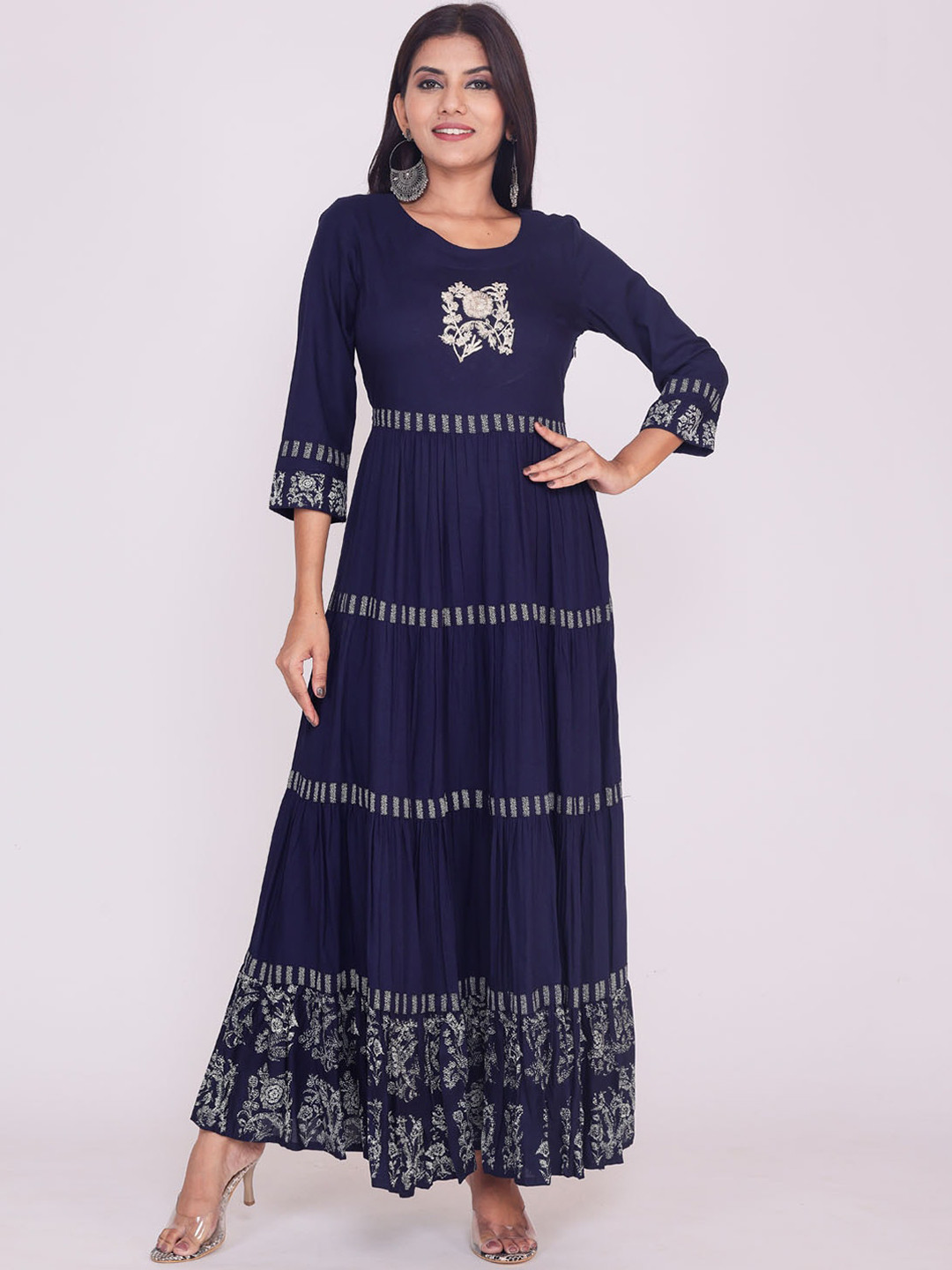

FASHION DWAR Navy Blue & White Ethnic Motifs Cotton Maxi Dress