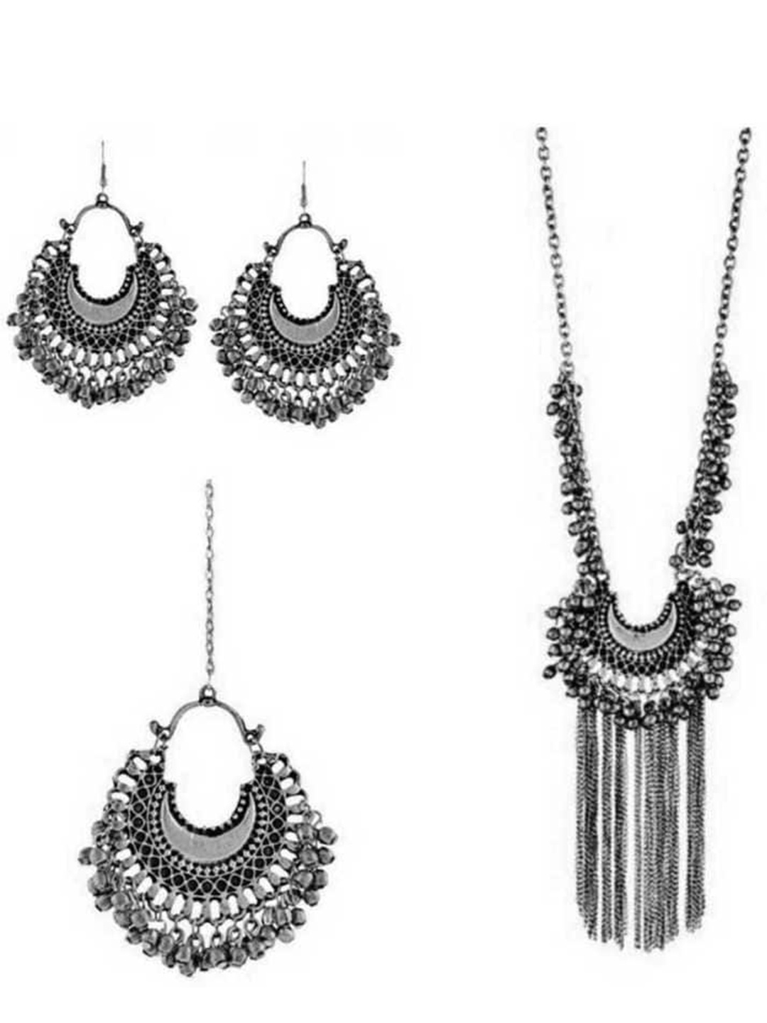 

Vembley Silver-Plated Oxidized Jewelry Set With Mang Tikka and Hanging Bangle