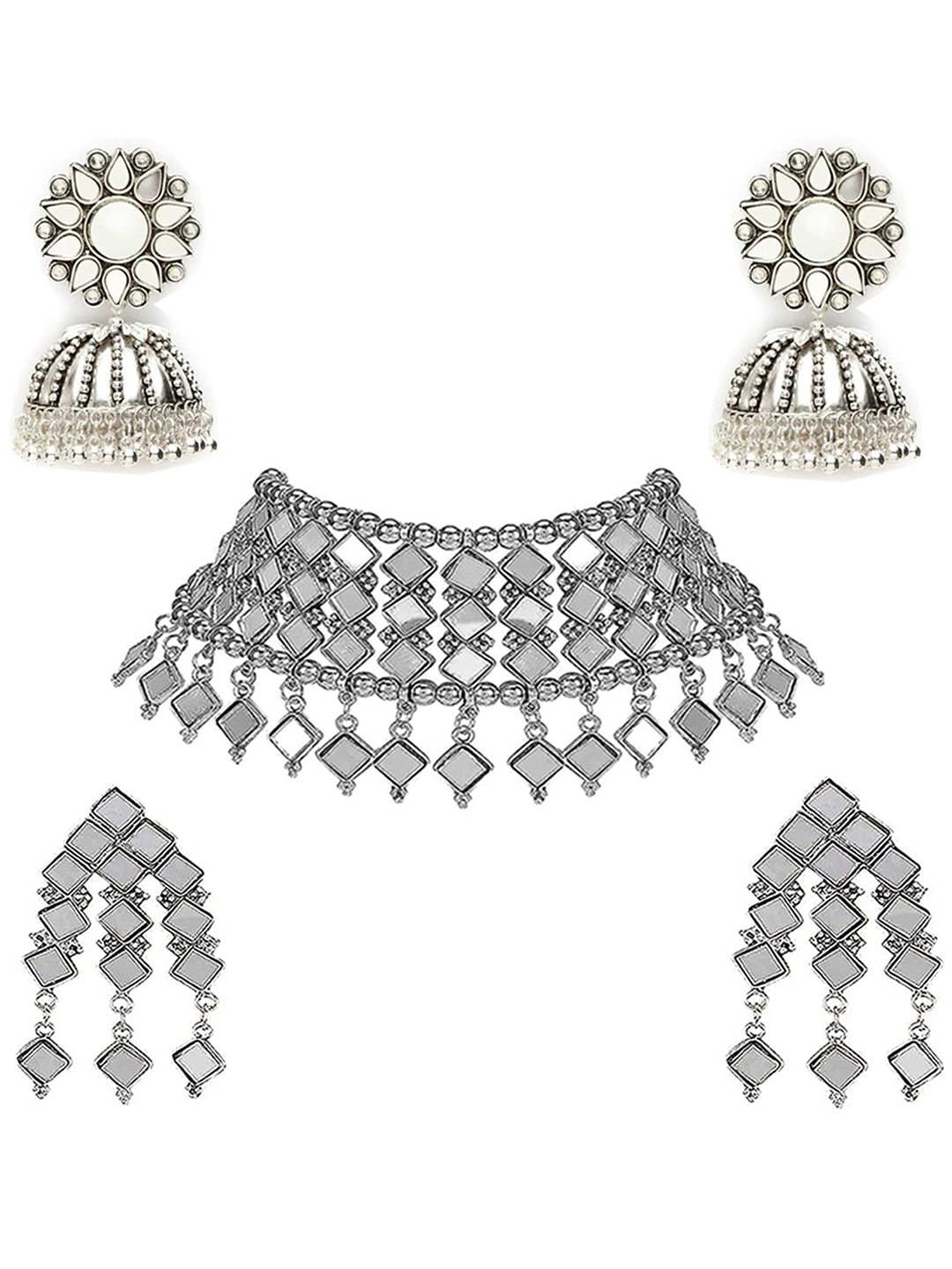 

Vembley Silver Mirror Jewelry Set and Jhumki Earring