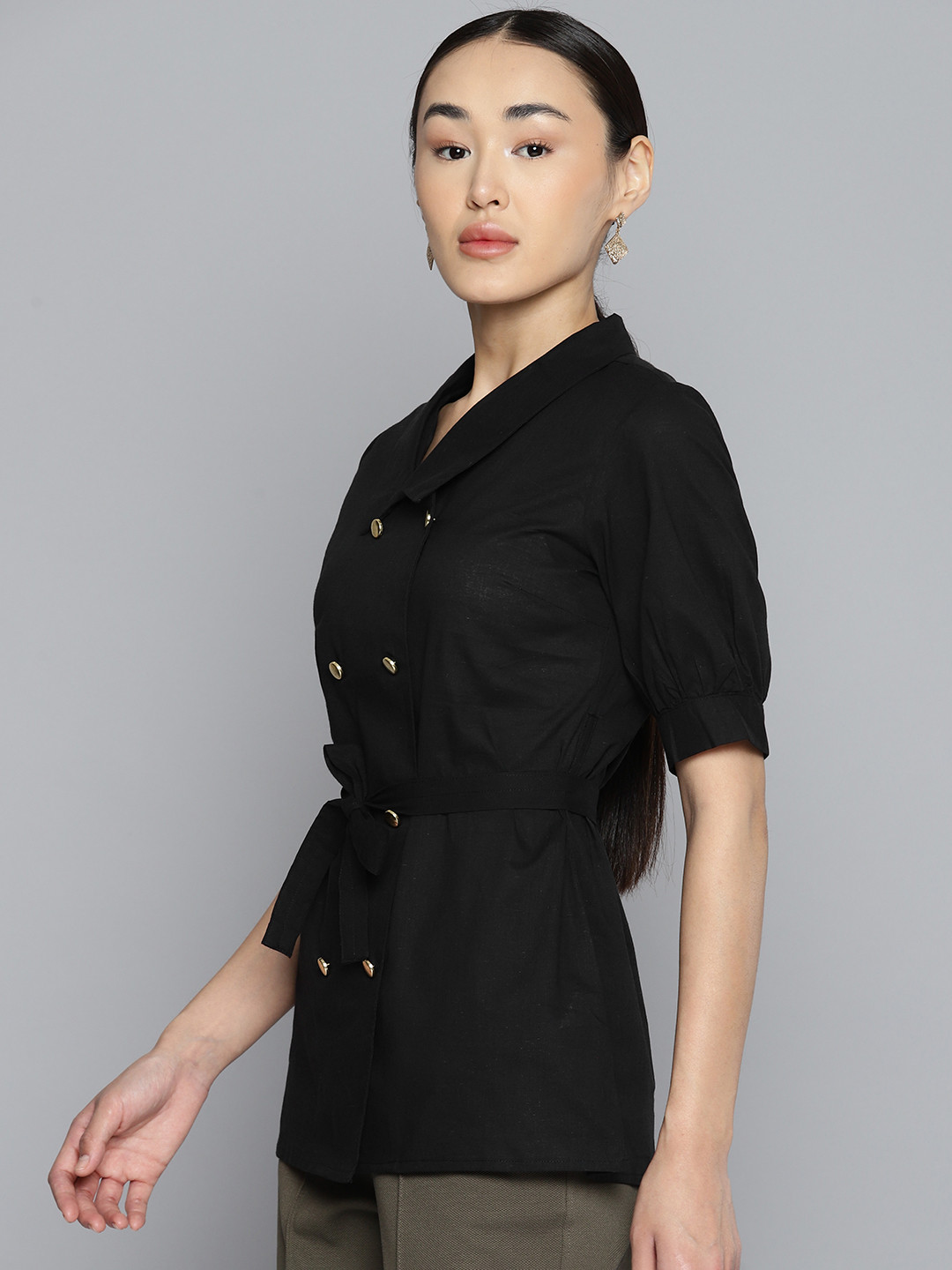 

Chemistry Belted Puff Sleeve Double-Breasted Cotton Blazer Style Top, Black