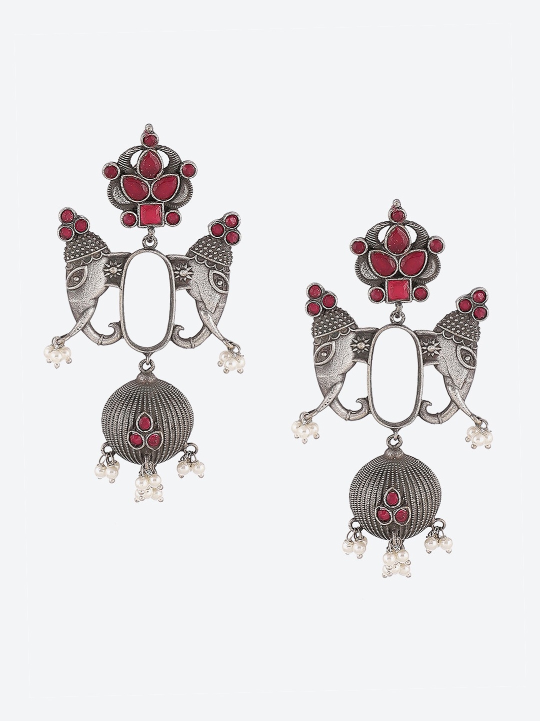 

Rangriti Oxidised Silver-Toned & Red Contemporary Drop Earrings