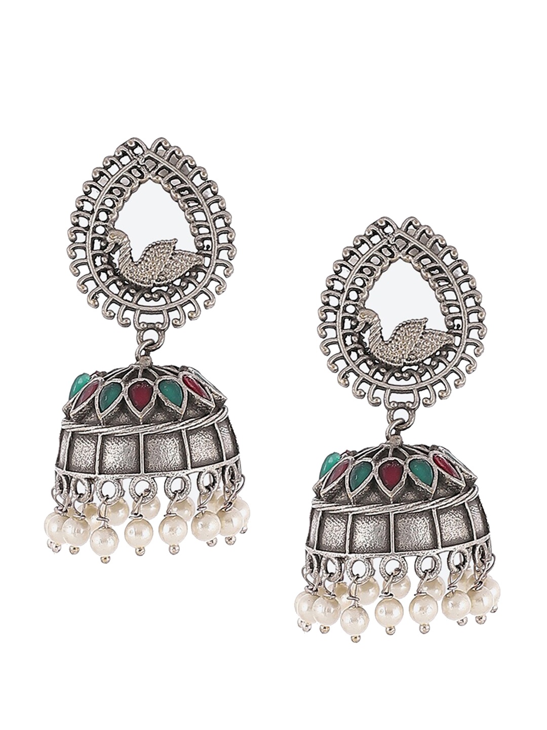 

Rangriti Oxidised Silver-Toned & Green Stone Studded & Beaded Jhumkas Earrings