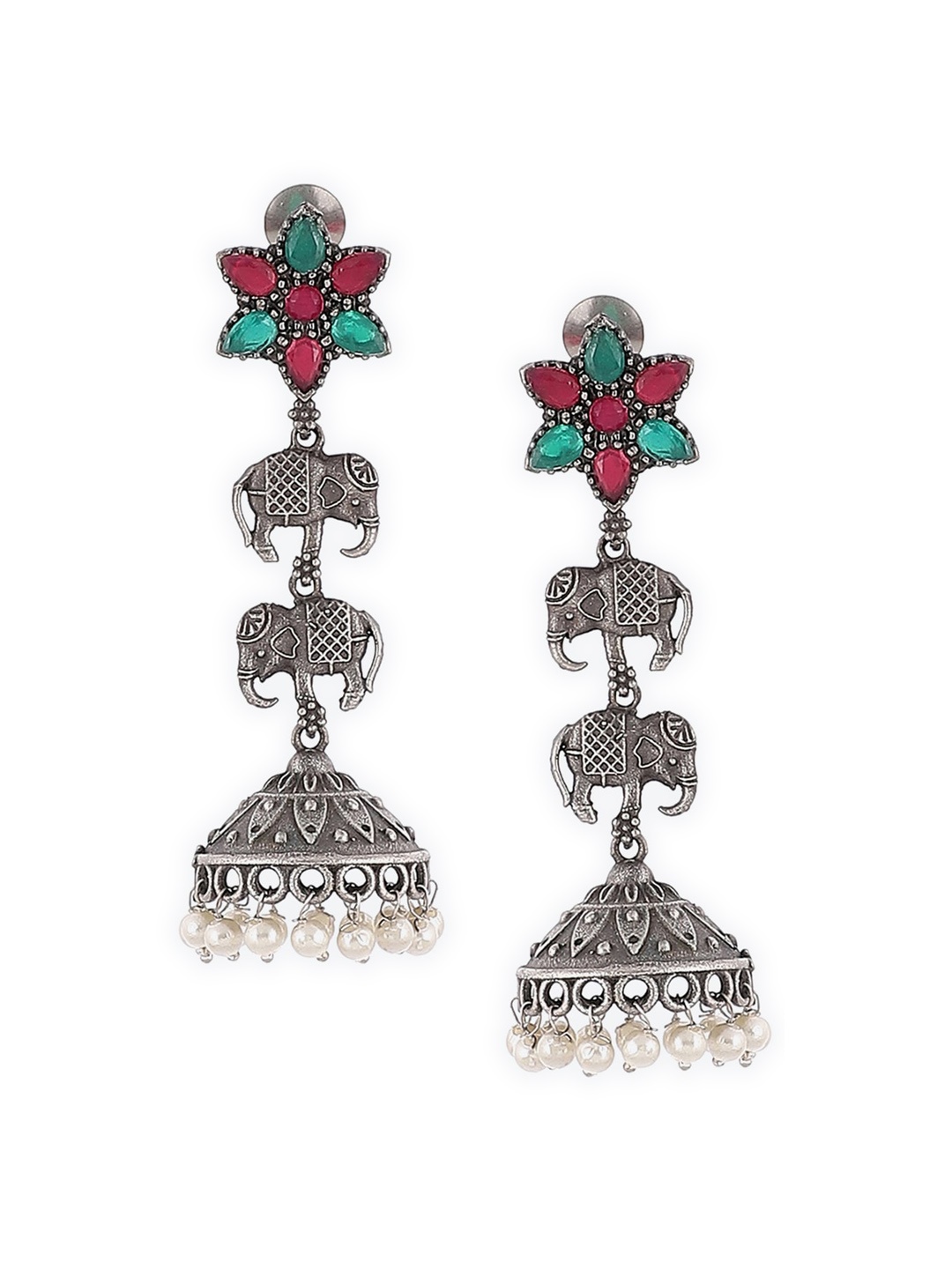 

Rangriti Silver-Toned & Green Animal Shaped Jhumkas Oxidised Earrings