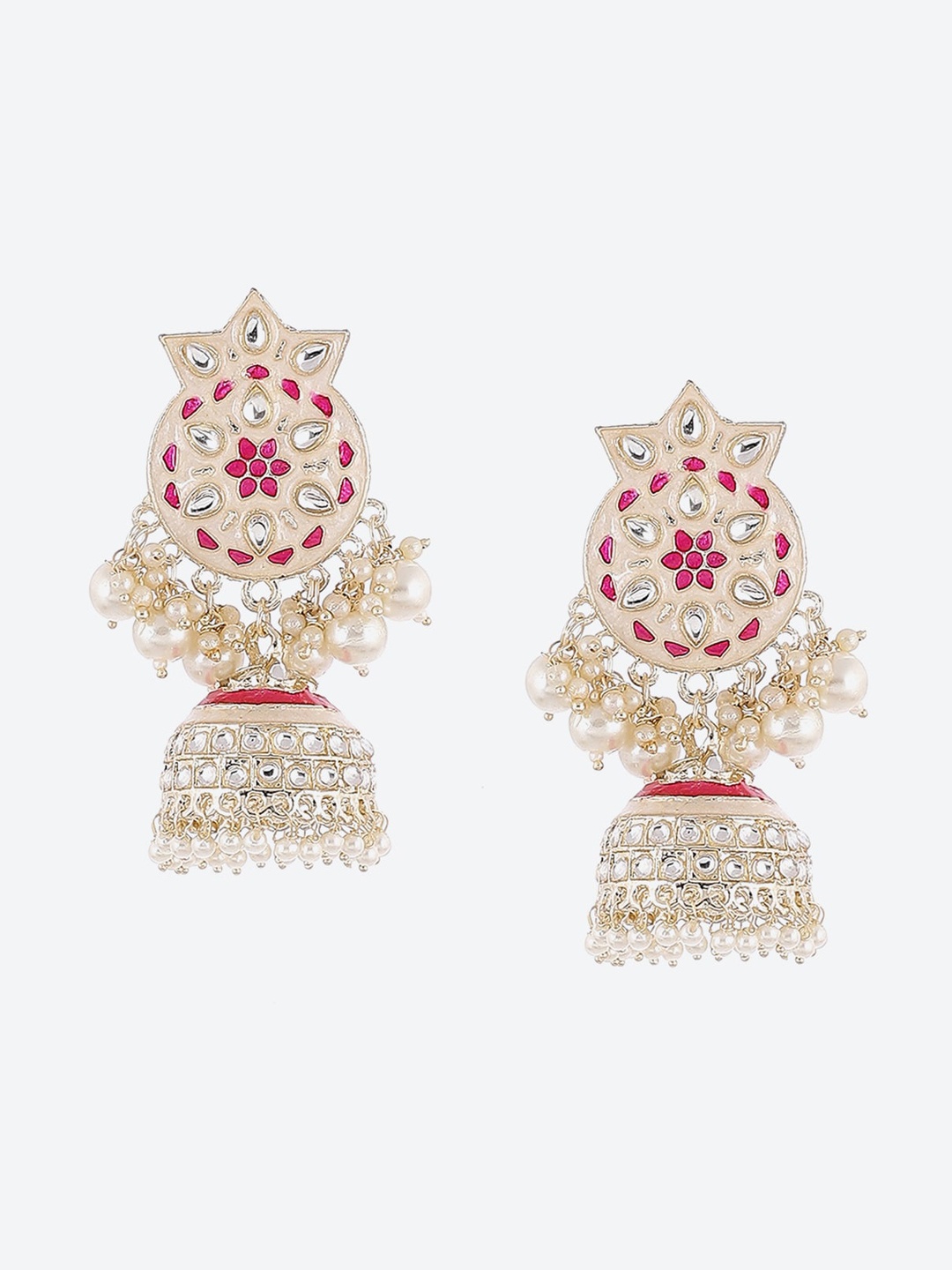 

Rangriti Pink & Cream-Coloured Enamelled Contemporary Jhumkas Earrings