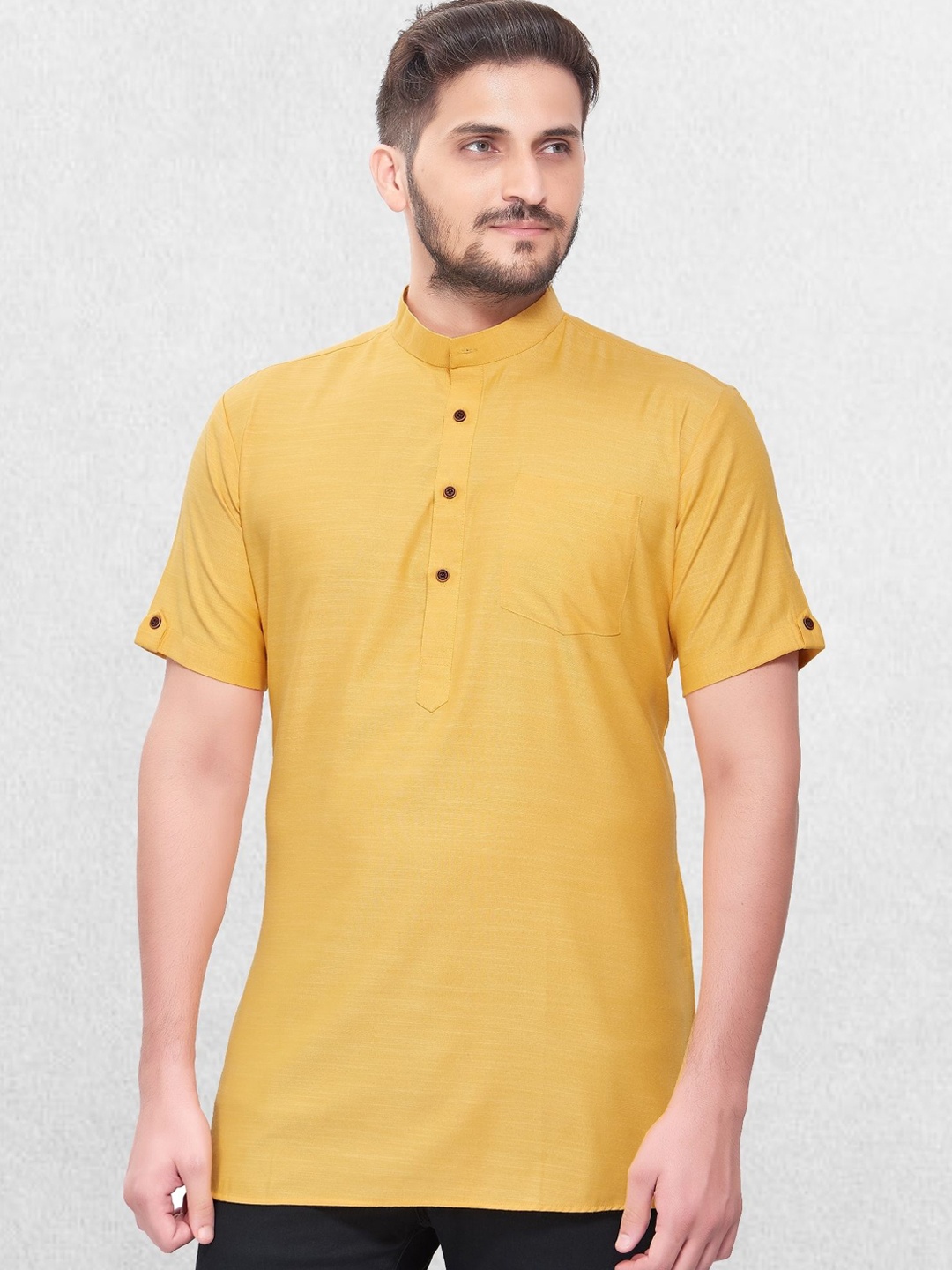 

SHIWAM ETHNIX Men Yellow Solid Cotton Blend Kurti