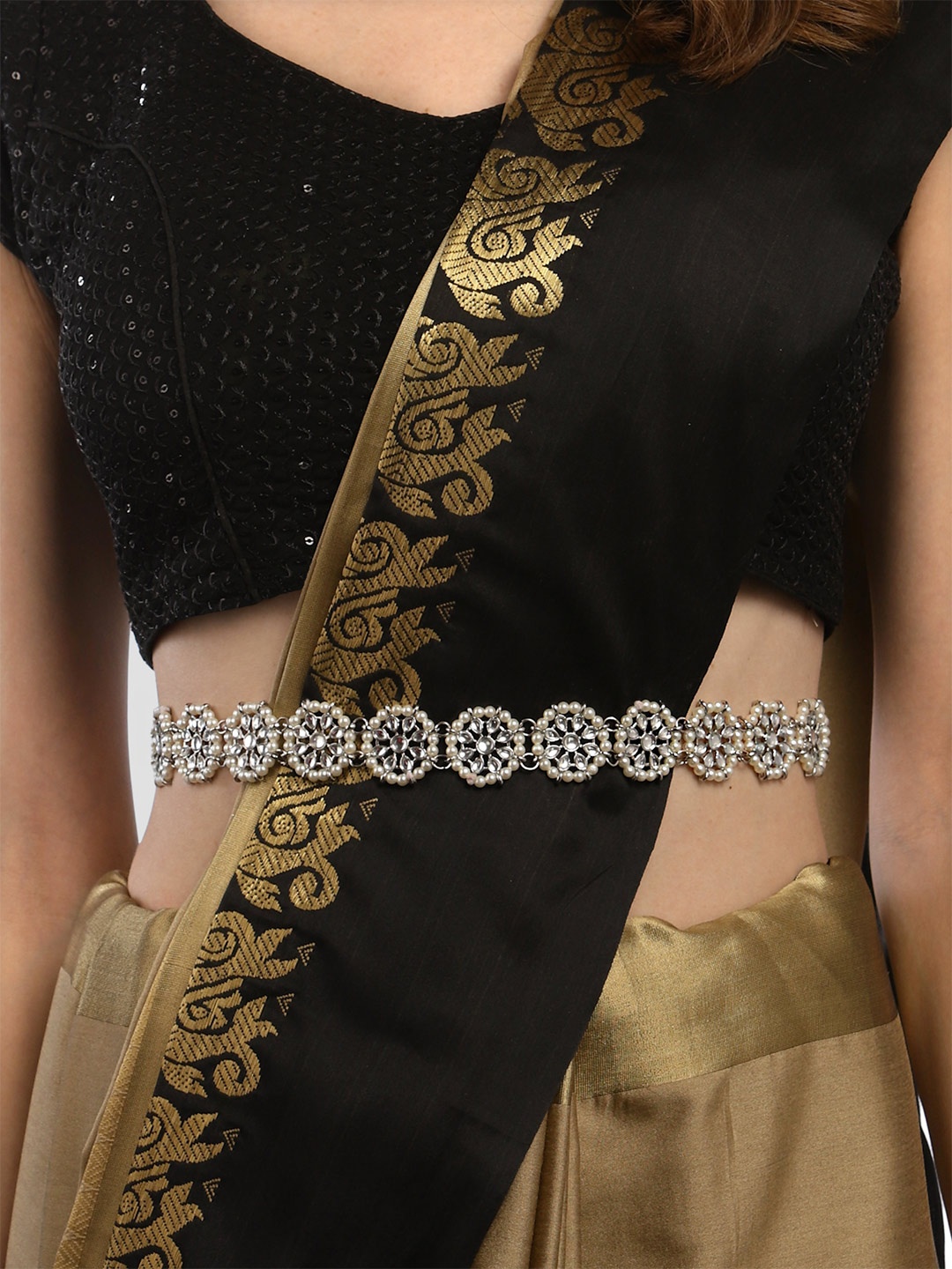 

KARATCART Oxidised Sliver-Toned White Kundan-Studded Pearl Beaded Kamarbandh, Silver