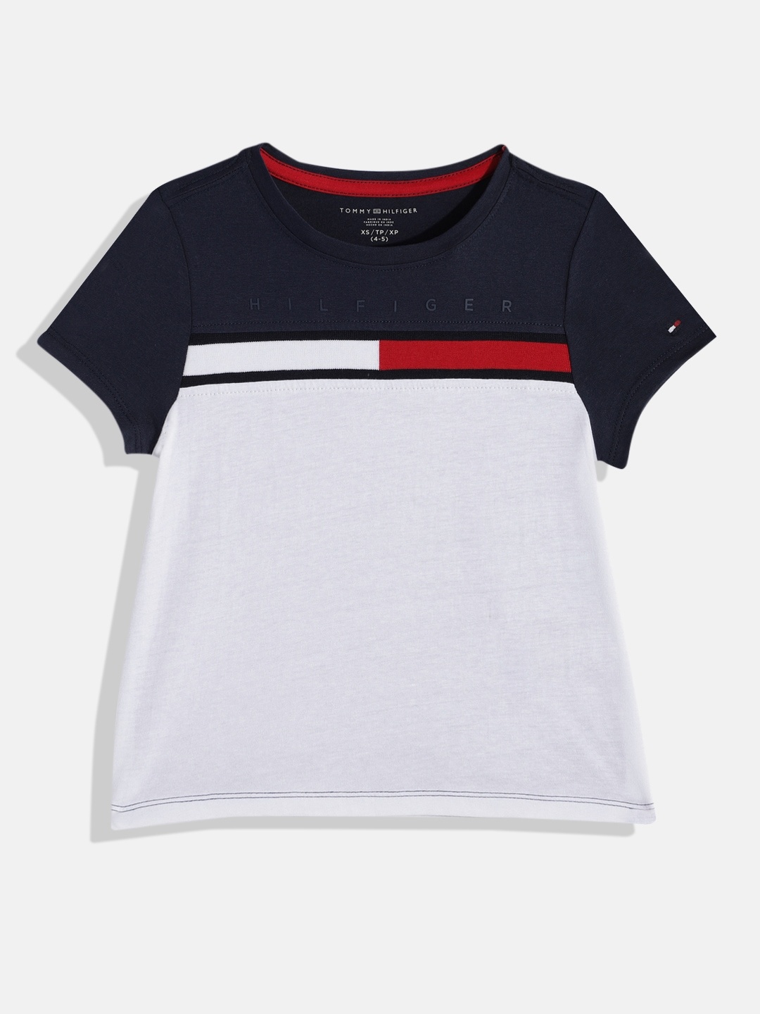 

Tommy Hilfiger Girls White & Navy Blue Colourblocked Pure Cotton T-shirt