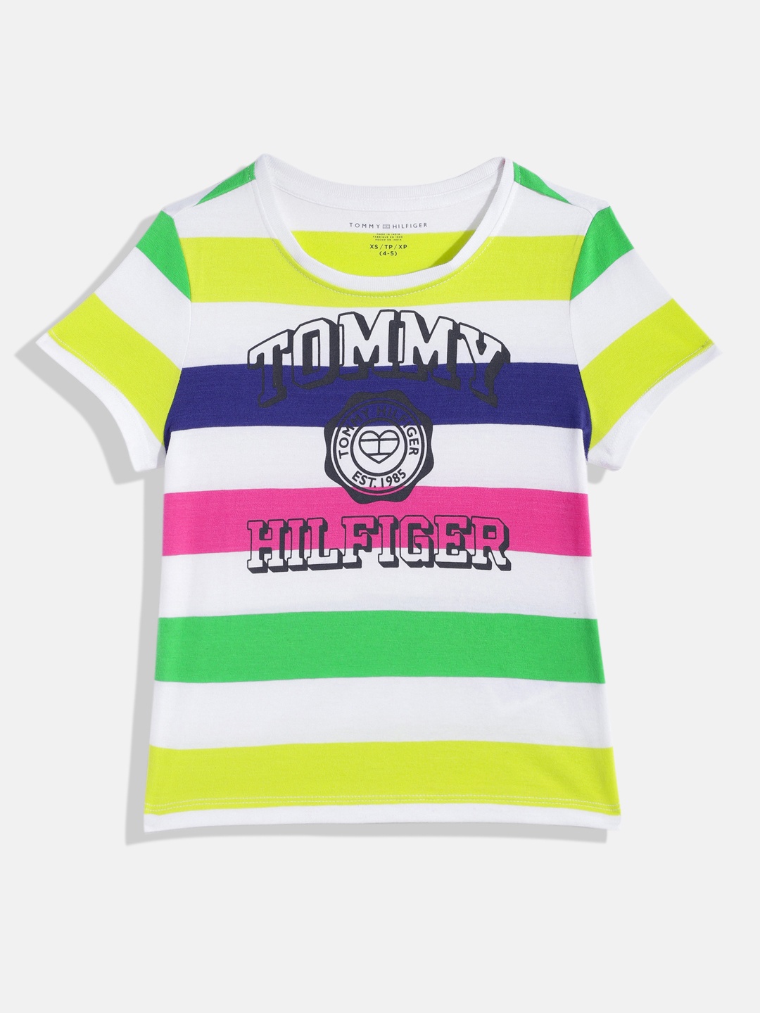 

Tommy Hilfiger Girls White & Pink Brand Logo Striped Pure Cotton T-shirt