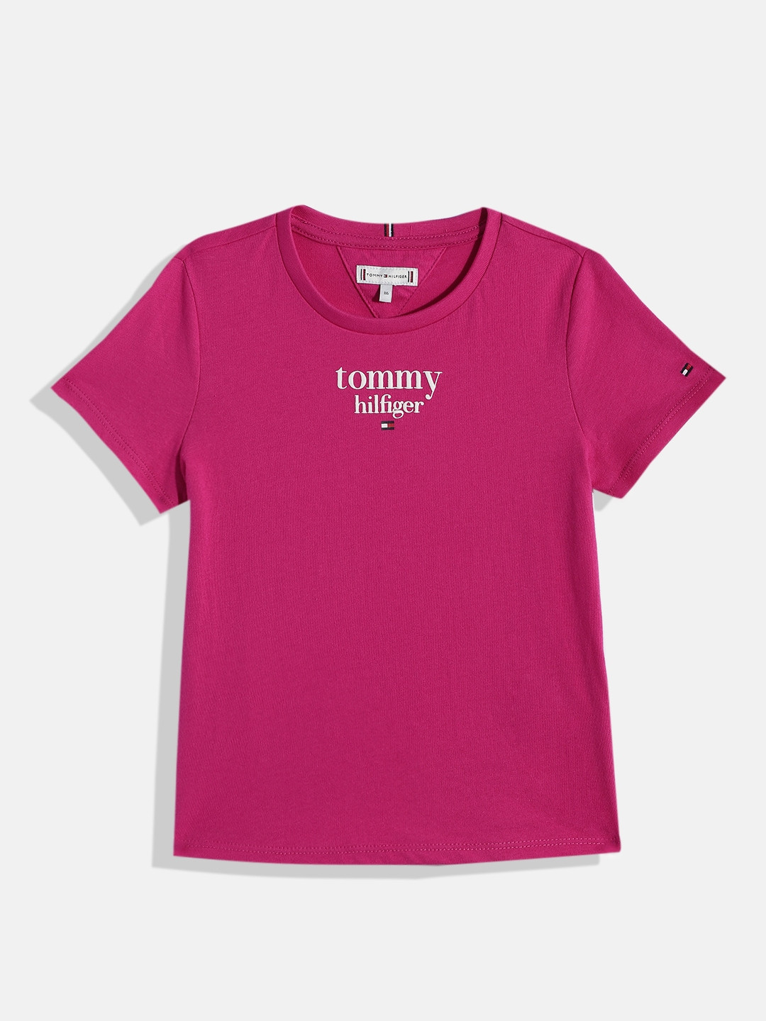 

Tommy Hilfiger Girls Magenta Brand Logo Printed Pure Cotton T-shirt