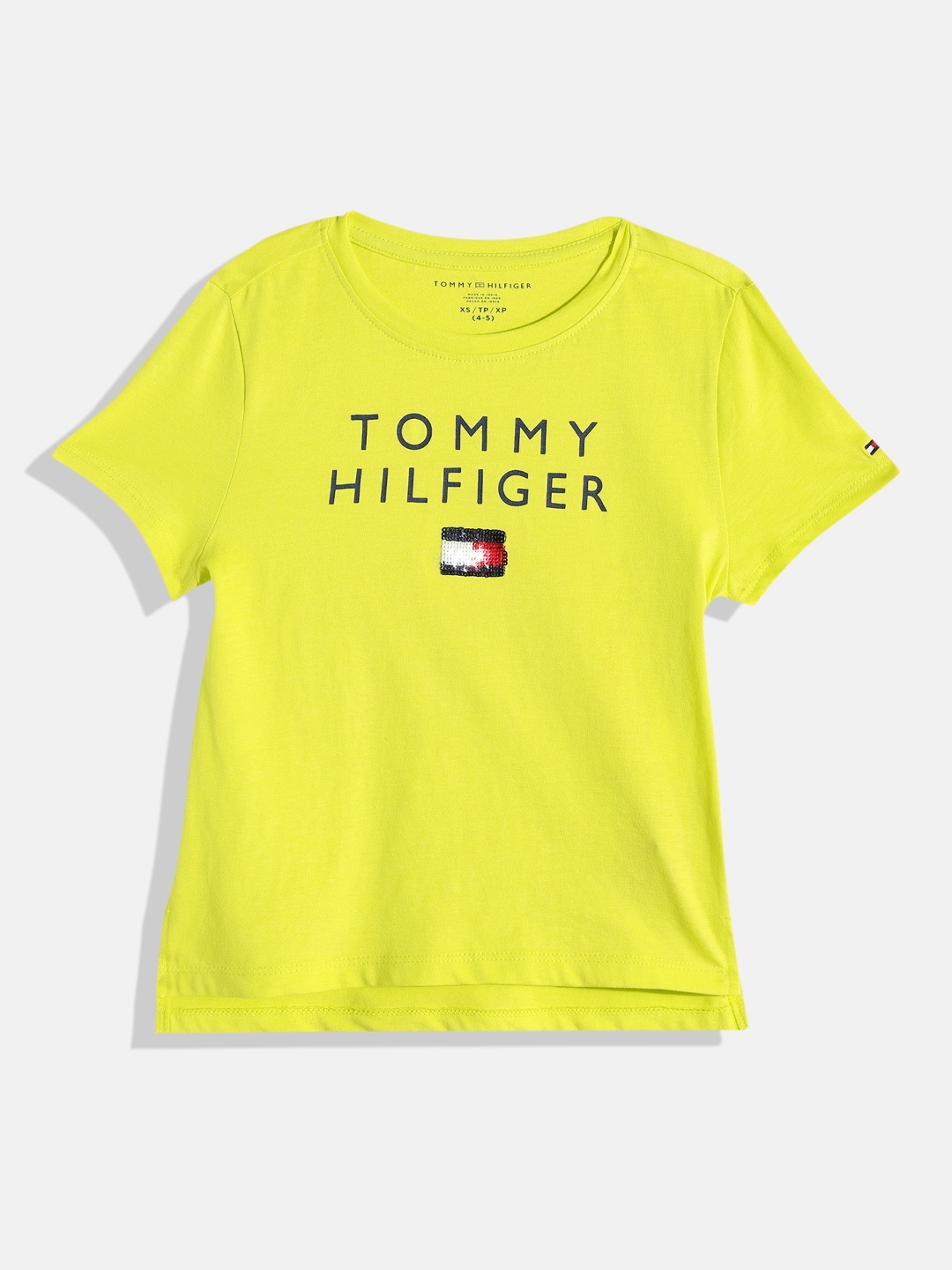 

Tommy Hilfiger Brand Logo Print with Sequins Pure Cotton Top, Lime green