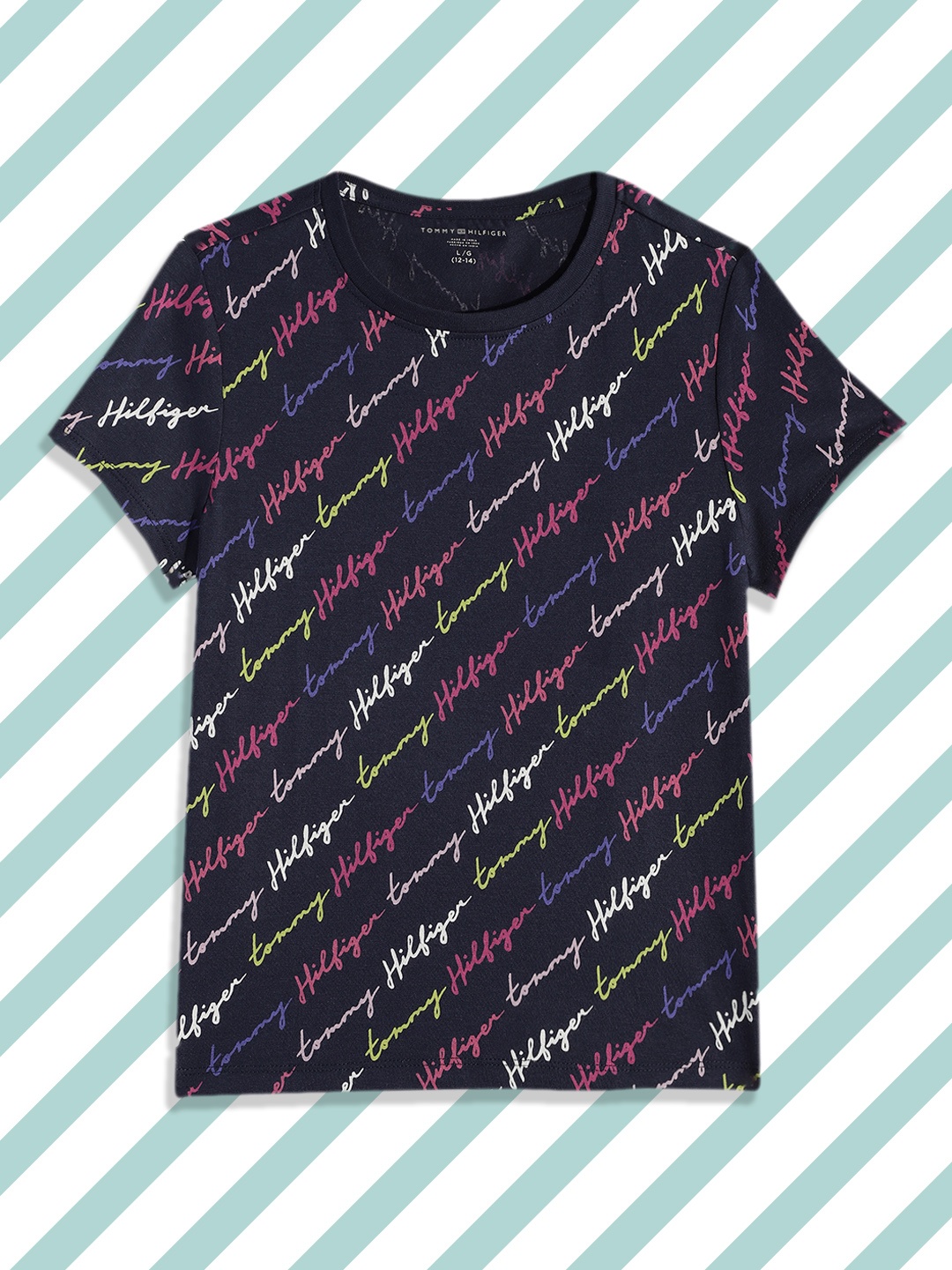 

Tommy Hilfiger Girls Navy Blue Typography Printed Pure Cotton T-shirt