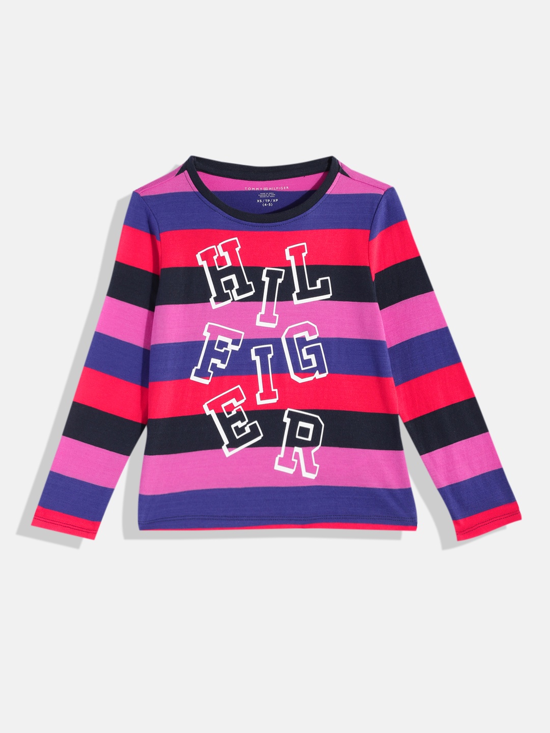 

Tommy Hilfiger Girls Navy Blue & Red Brand Logo Striped Pure Cotton T-shirt