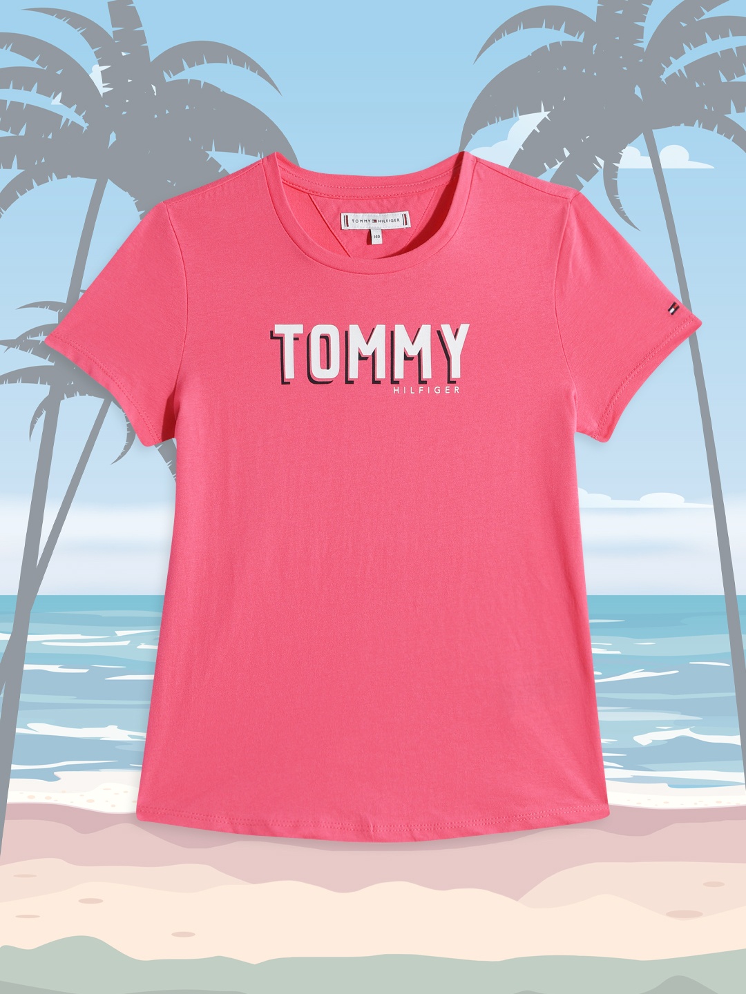 

Tommy Hilfiger Girls Pink Brand Logo Print Round Neck Regular Sleeves Pure Cotton Top