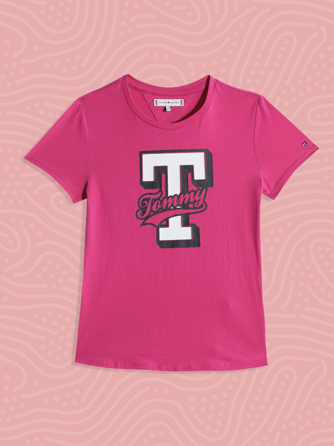 

Tommy Hilfiger Girls Magenta Pink Brand Logo Print Round Neck Pure Cotton Top