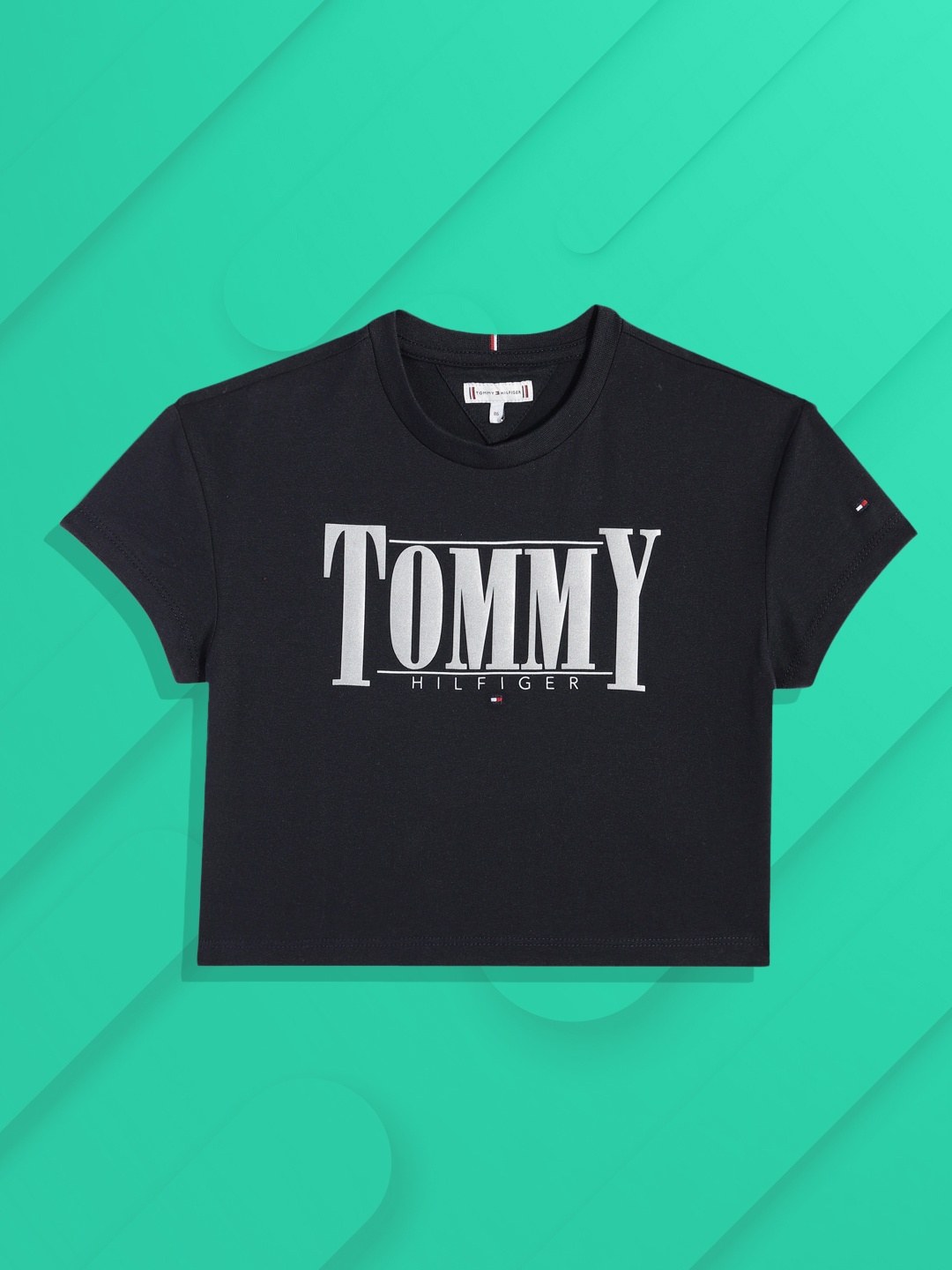 

Tommy Hilfiger Girls Navy Blue Brand Logo Printed Boxy T-shirt