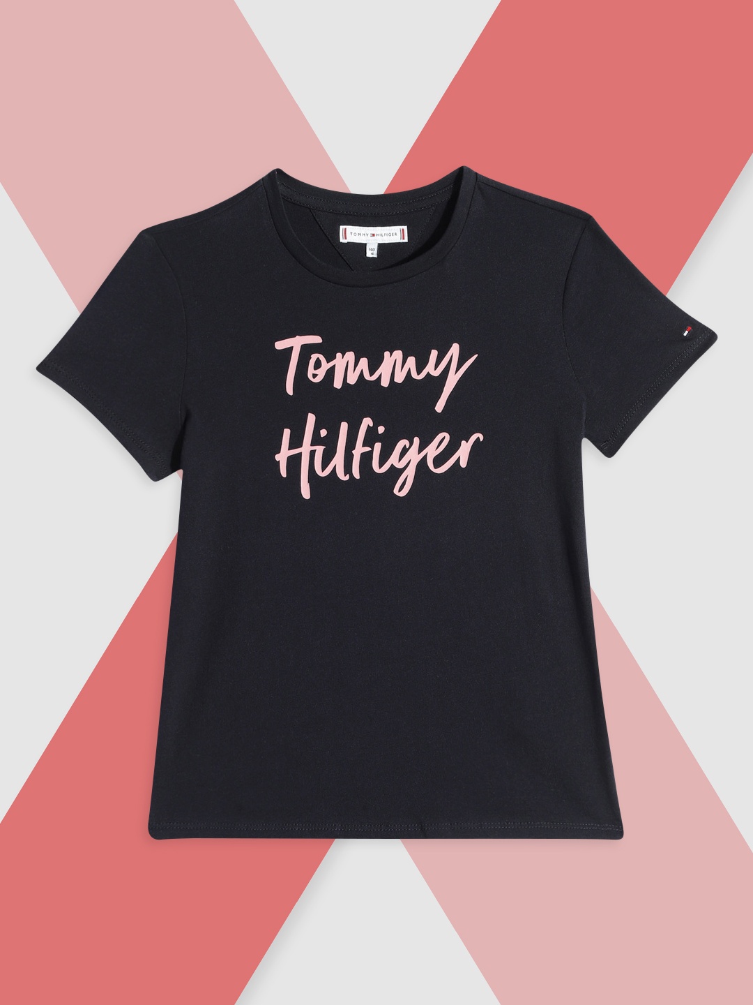 

Tommy Hilfiger Girls Navy Blue Brand Logo Print Round Neck Indigo Pure Cotton Top